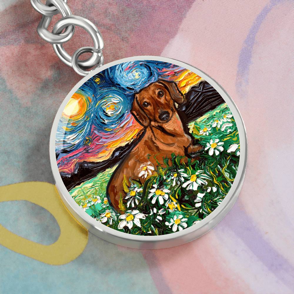 Brown Dachshund and Flowers Round Keychain