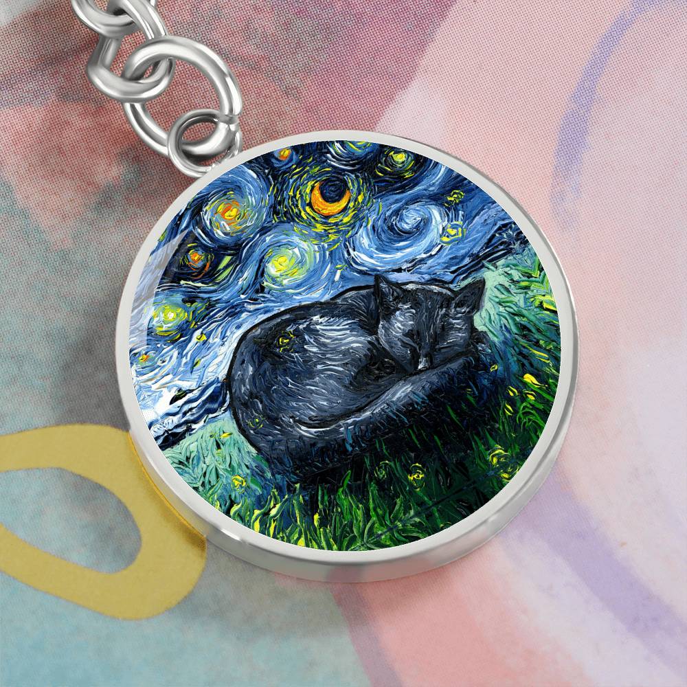 Sleeping Black Cat Starry Night Round Keychain