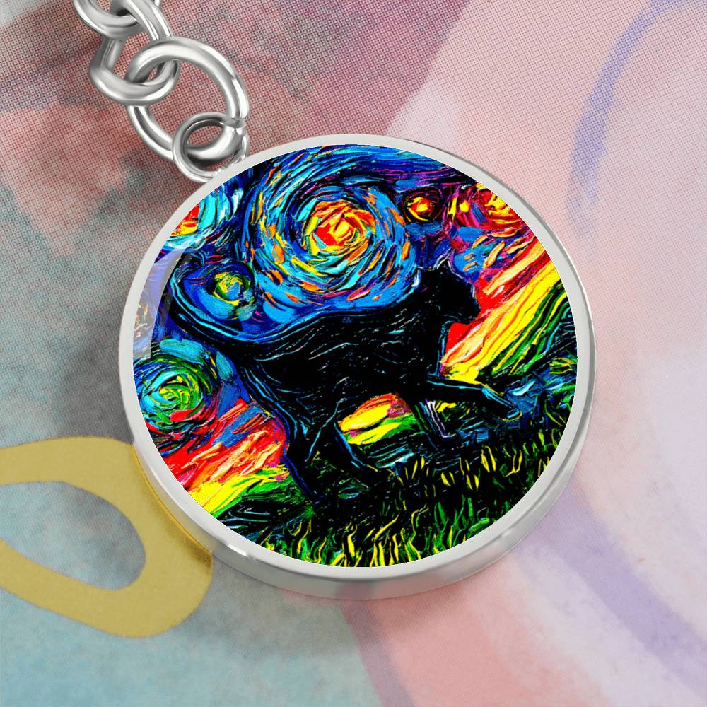 Black Cat Silhouette Starry Night Round Keychain