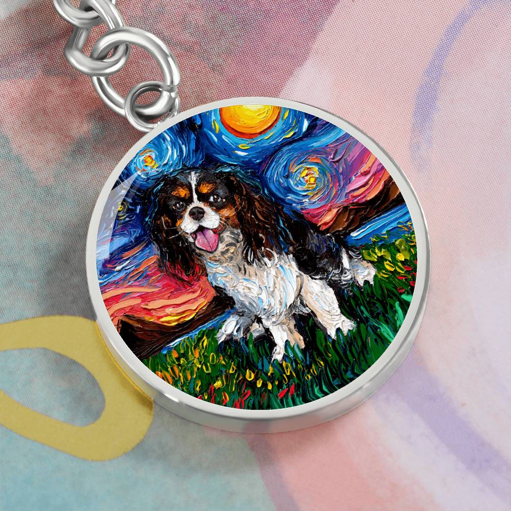 Tri Color Cavalier King Charles Spaniel Starry Night Round Keychain
