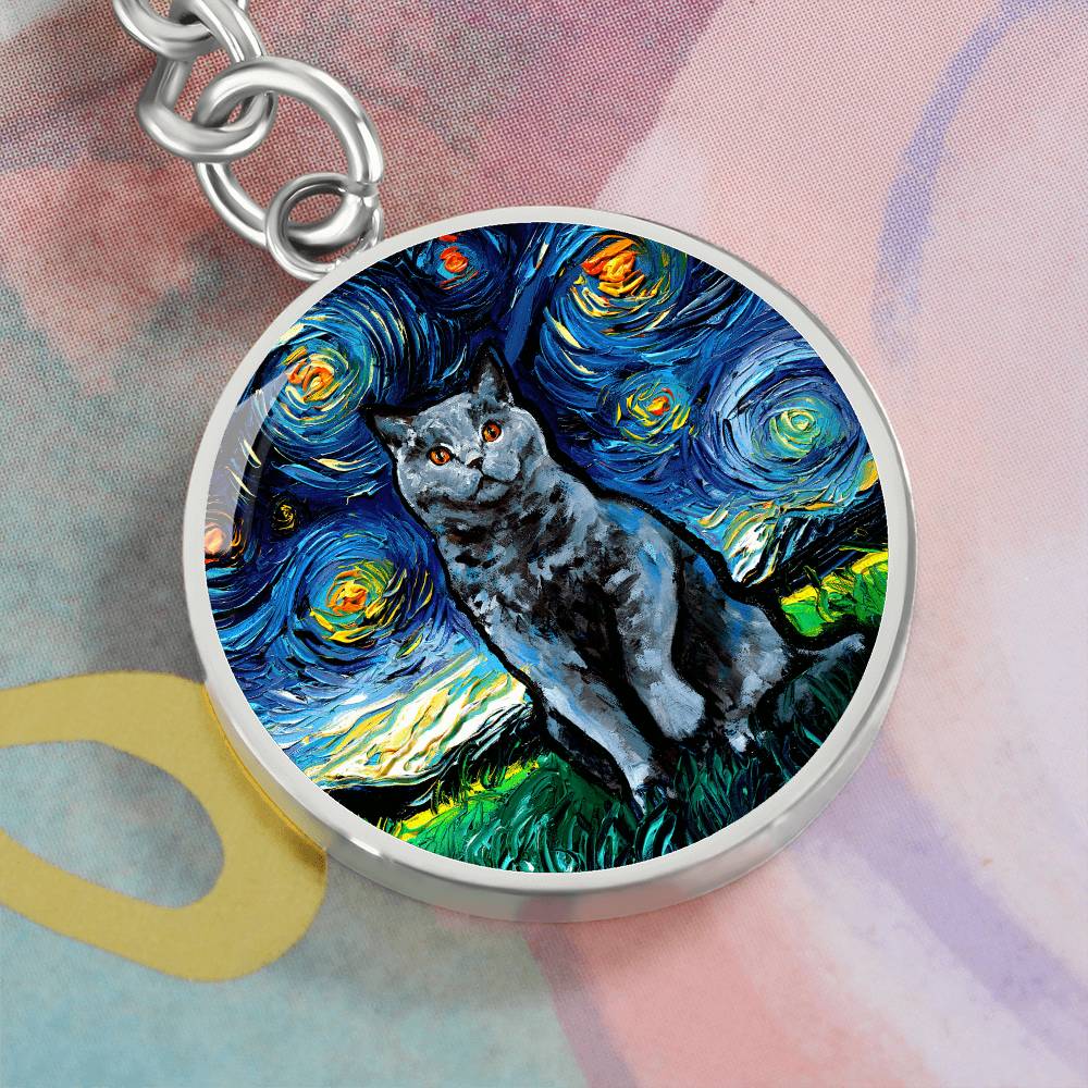 Blue British Shorthair Starry Night Round Keychain