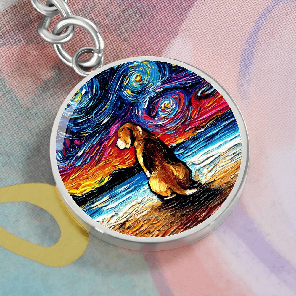Beagle at the Beach Starry Night Round Keychain