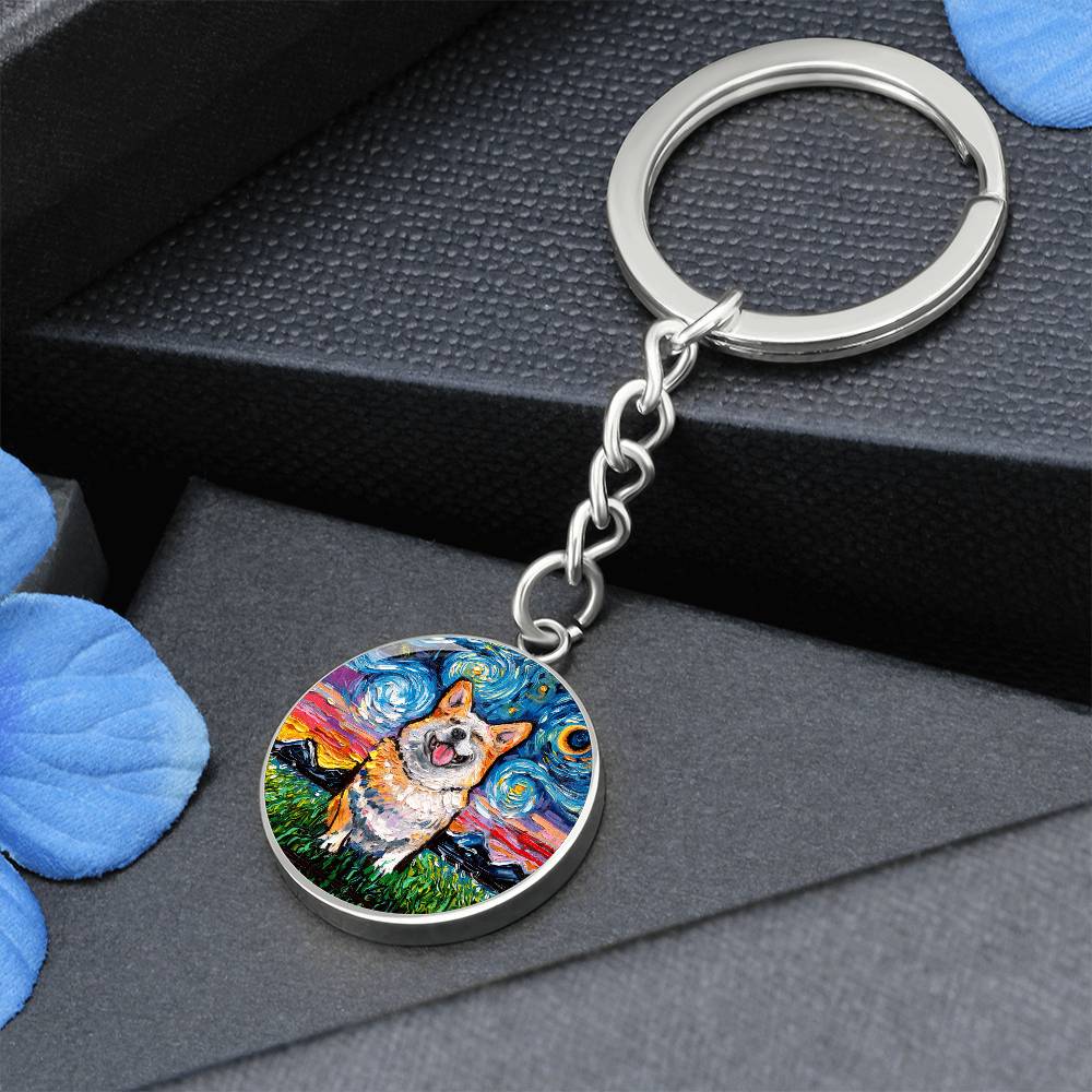 Smiling Corgi Starry Night Round Keychain