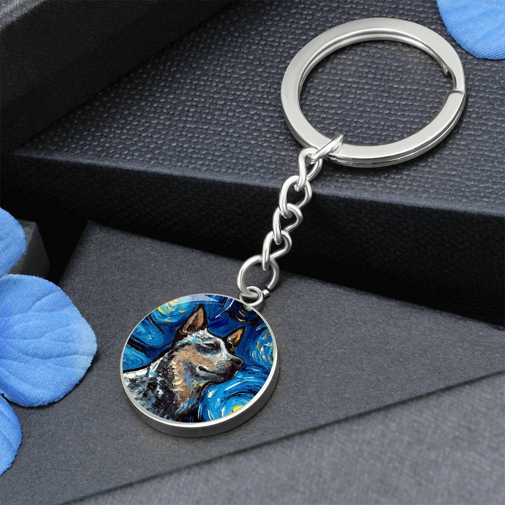 Blue Heeler Portrait Starry Night Round Keychain