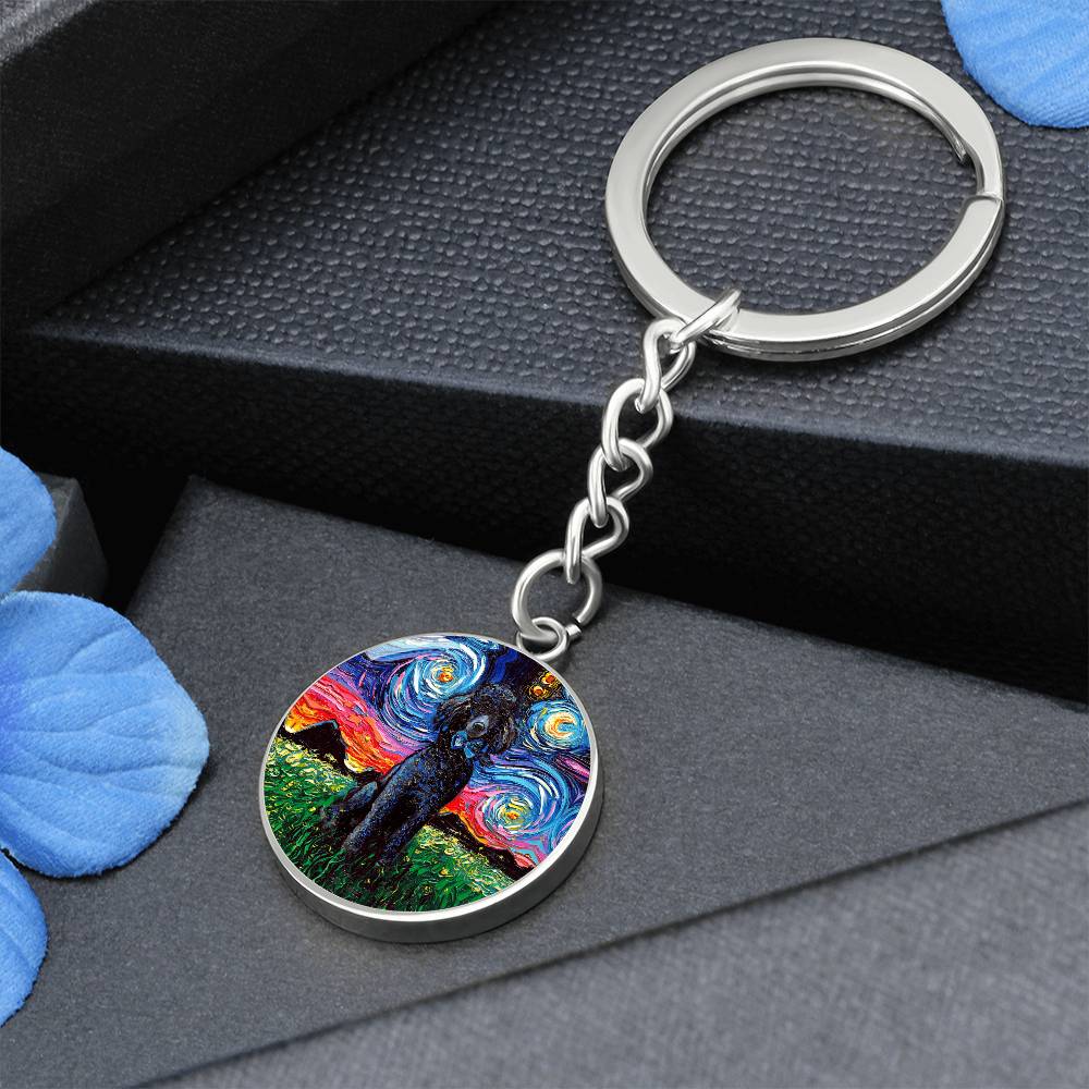 Black Poodle Starry Night Round Keychain