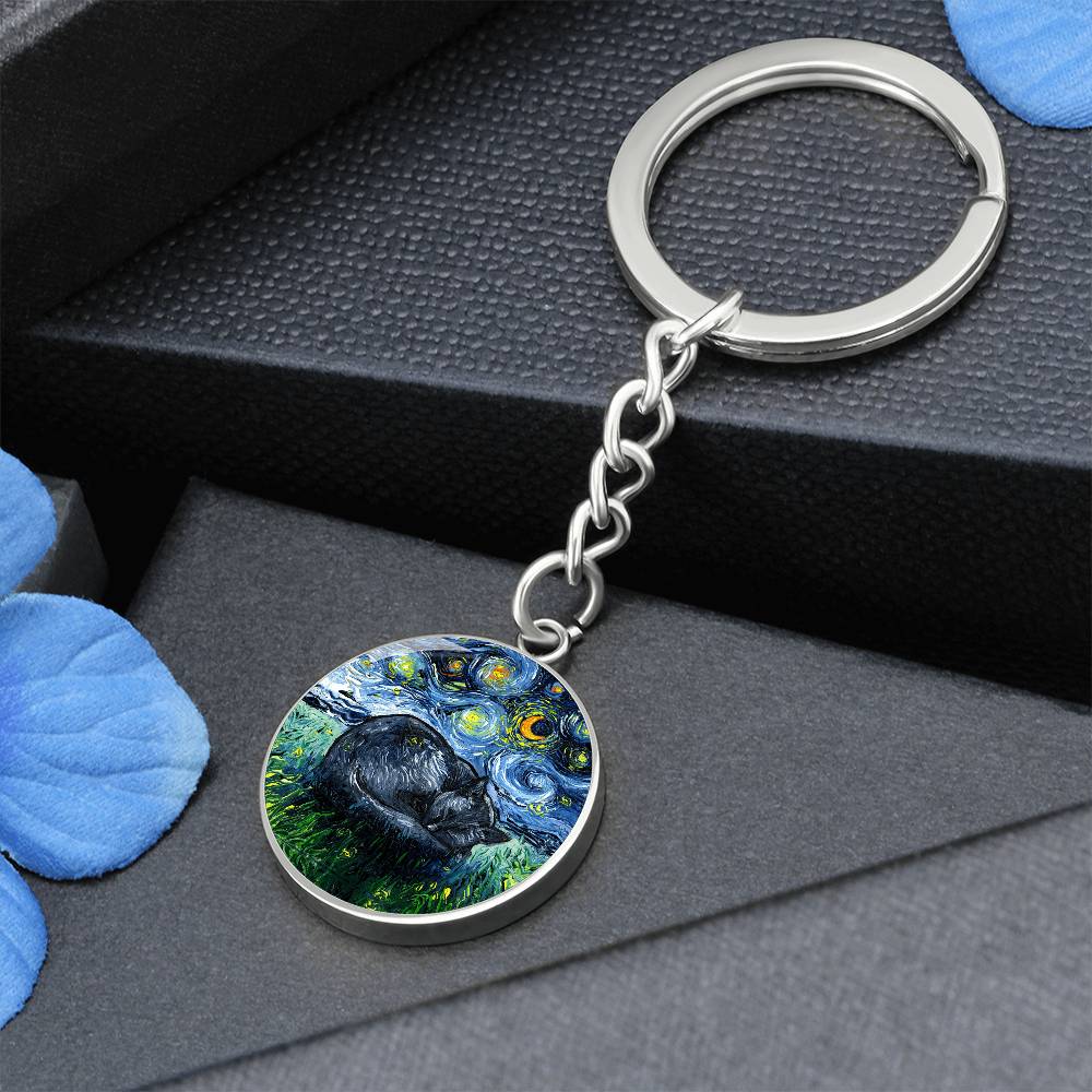 Sleeping Black Cat Starry Night Round Keychain