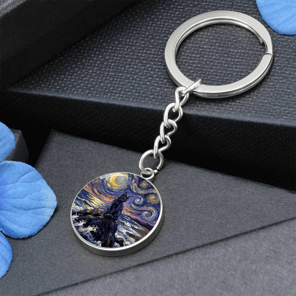 Beach Night - Black Cat Round Keychain