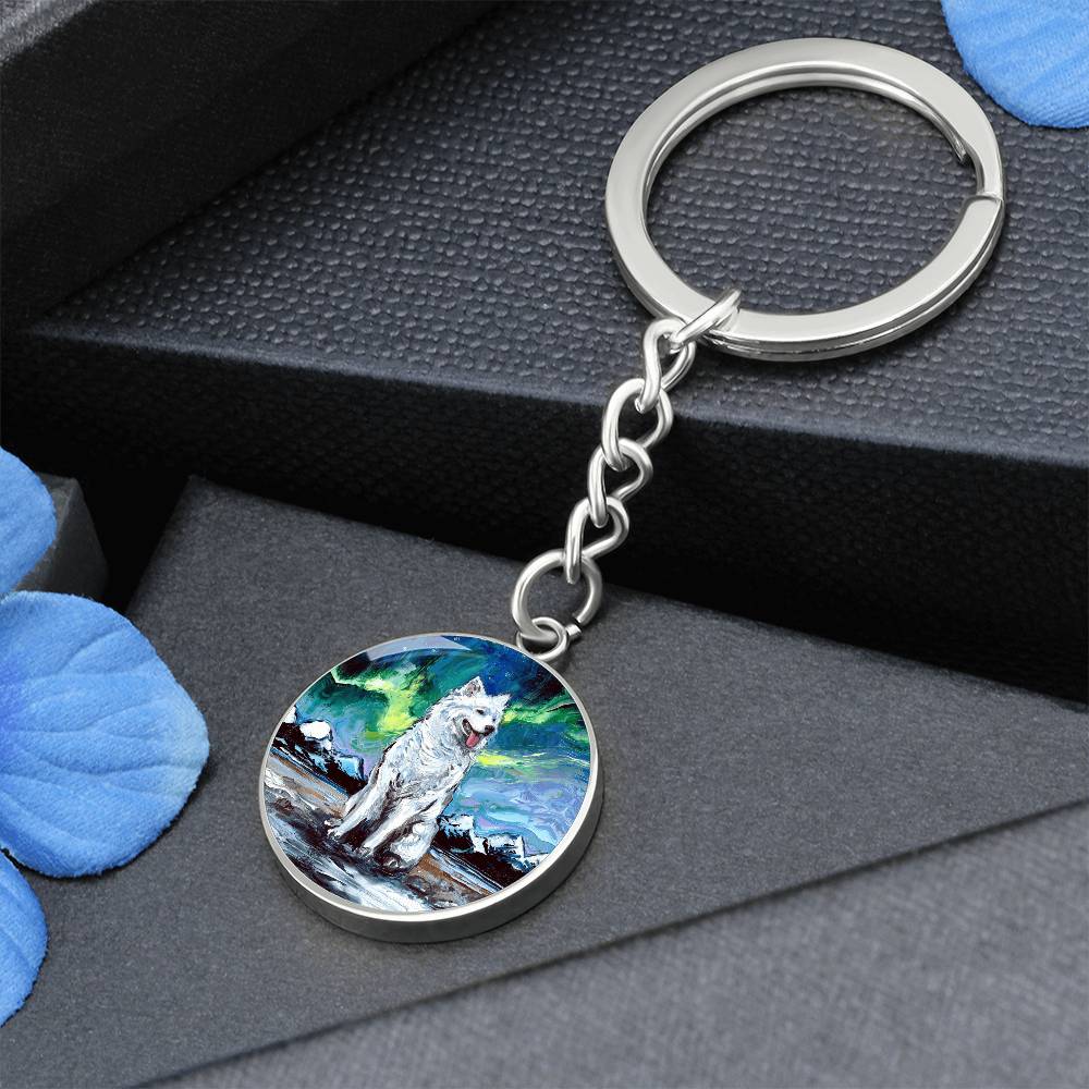 Samoyed and Northern Lights Round Keychain