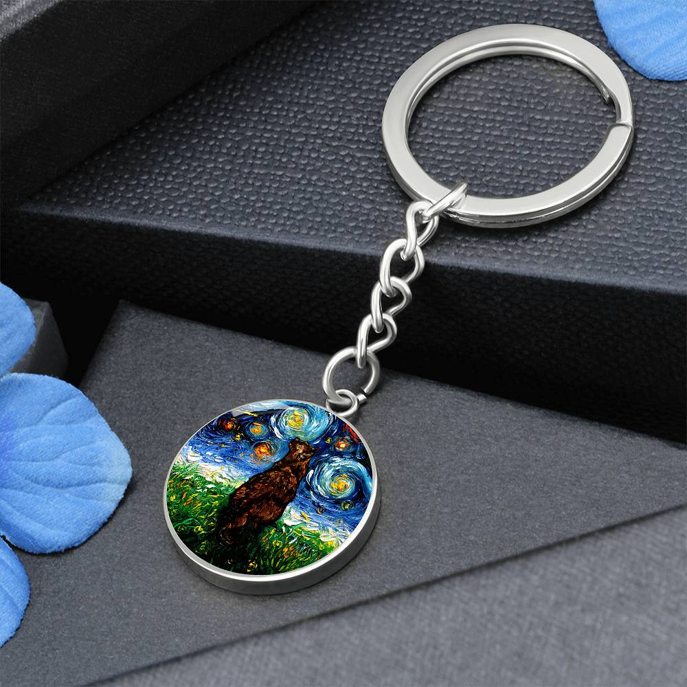 Tortoiseshell Cat Starry Night Round Keychain