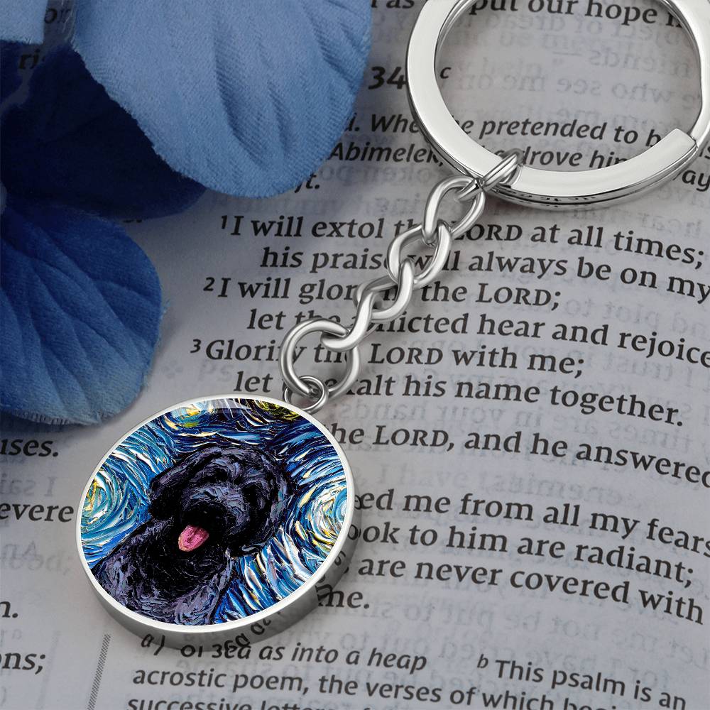 Black Goldendoodle Starry Night Round Keychain
