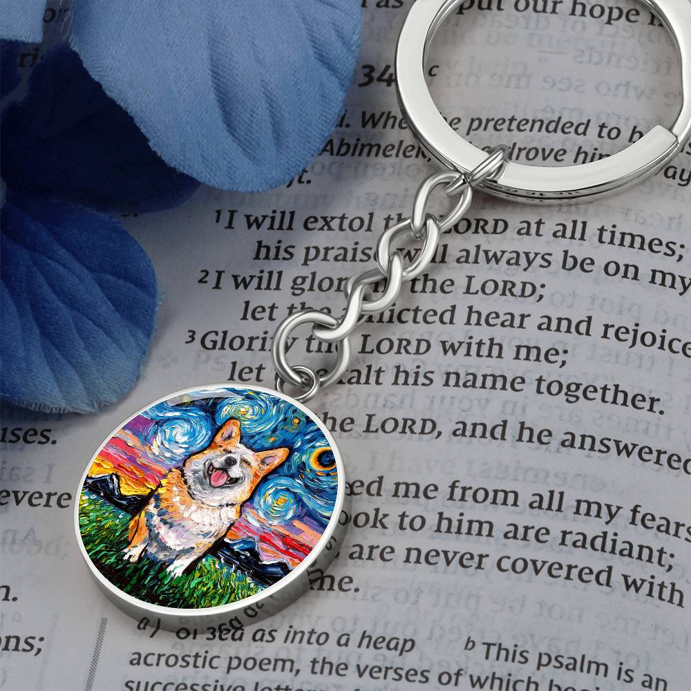 Smiling Corgi Starry Night Round Keychain