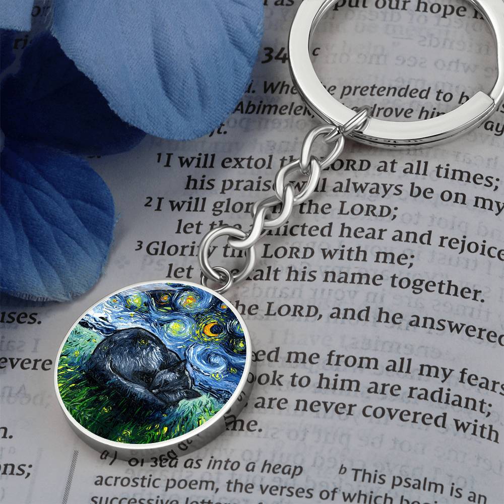 Sleeping Black Cat Starry Night Round Keychain