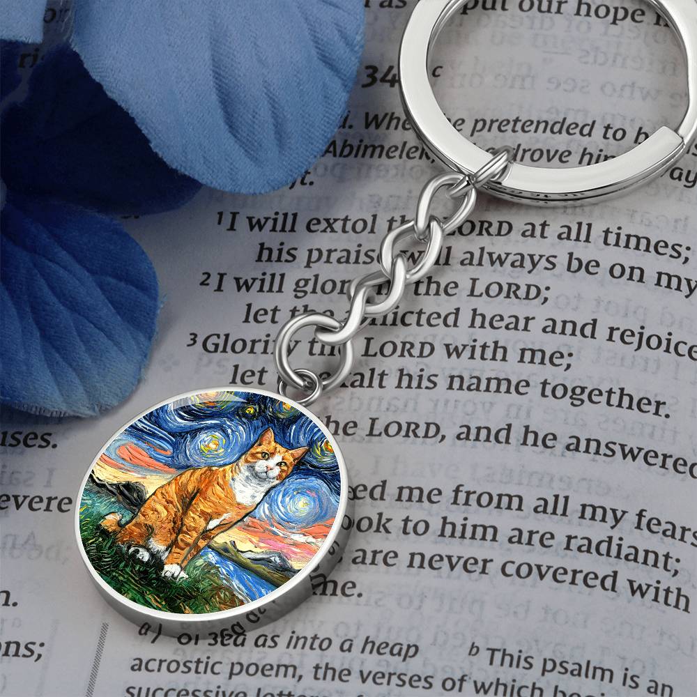 Orange and White Tabby Starry Night Round Keychain