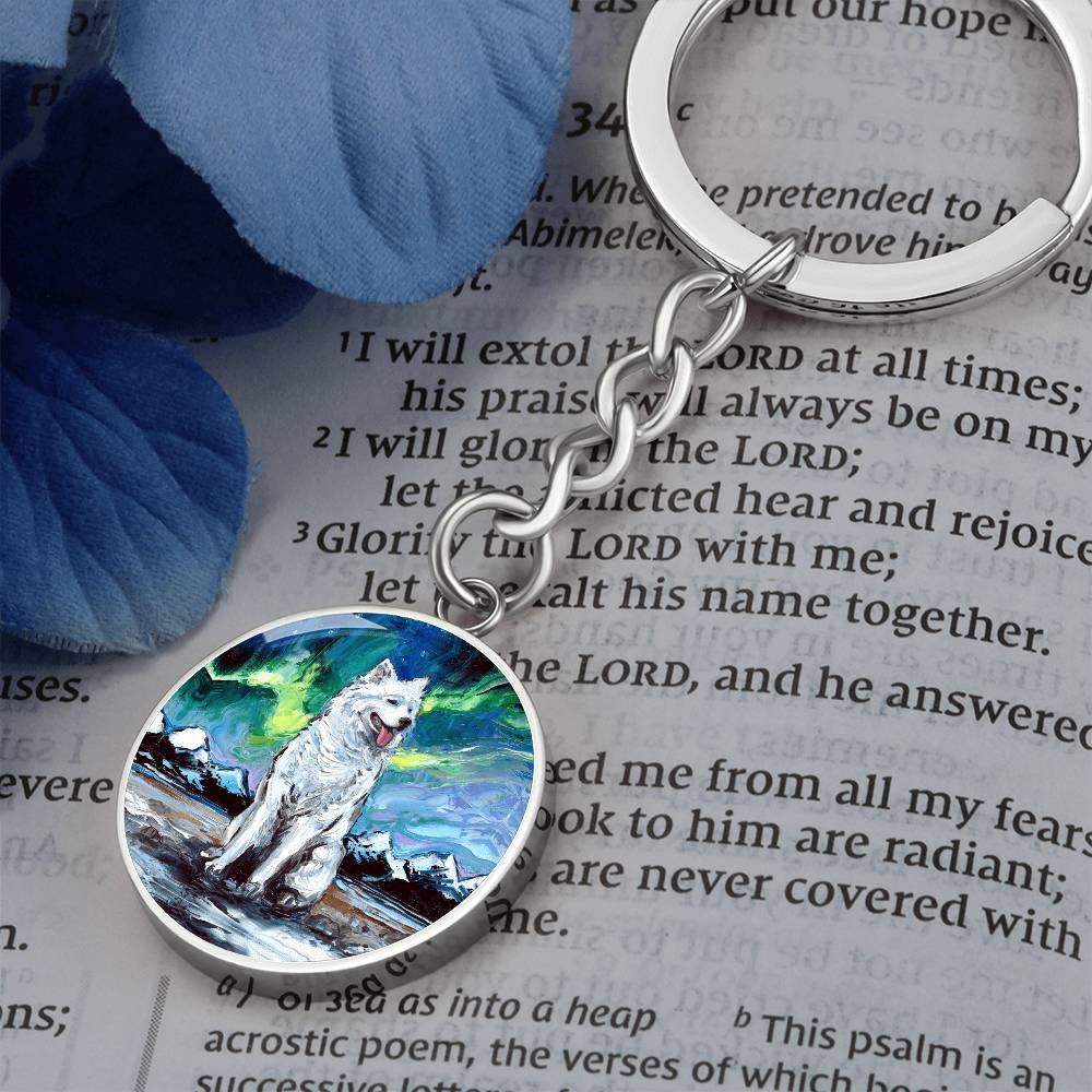 Samoyed and Northern Lights Round Keychain
