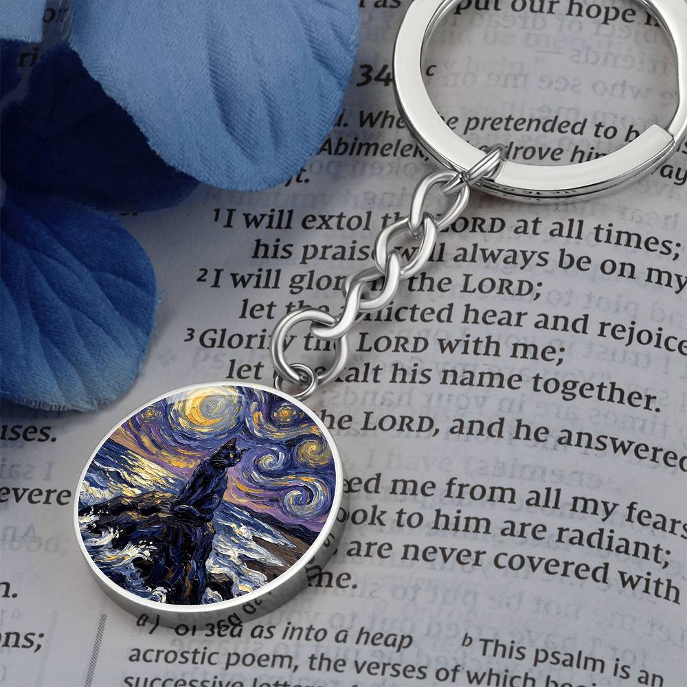 Beach Night - Black Cat Round Keychain