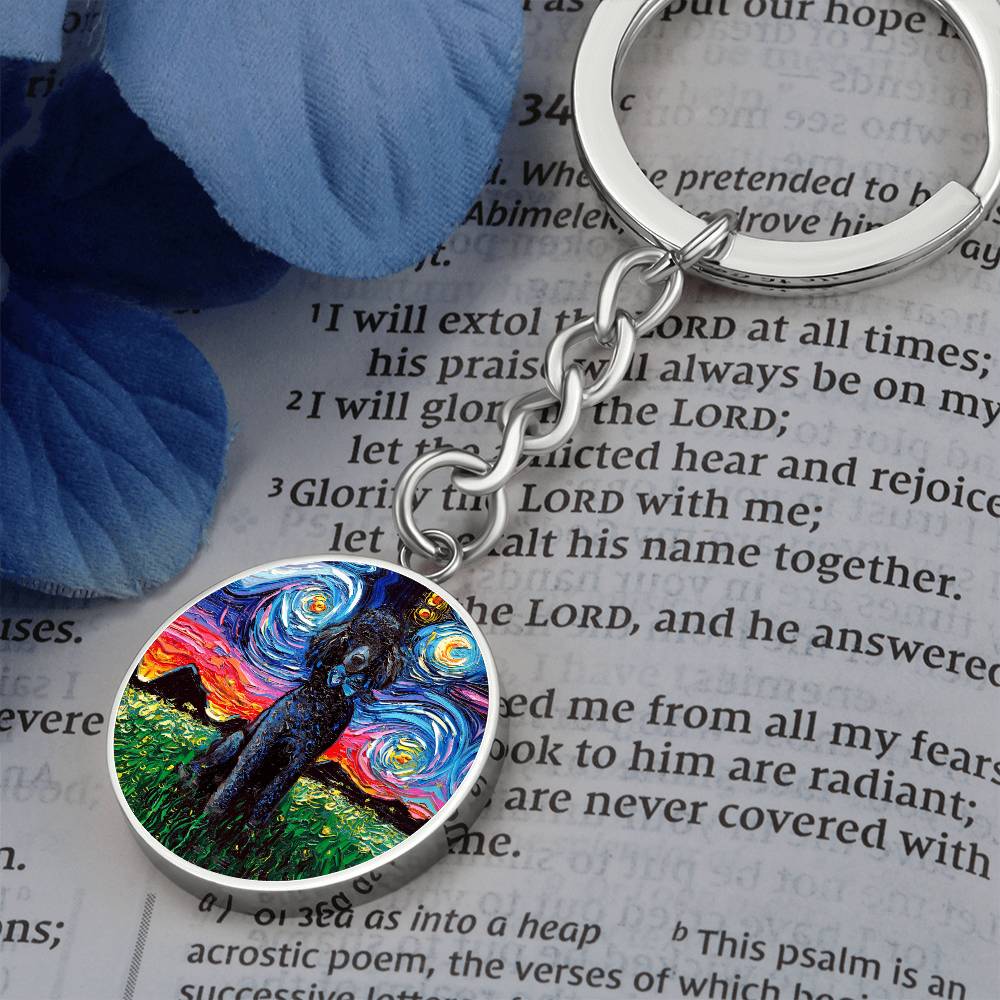 Black Poodle Starry Night Round Keychain