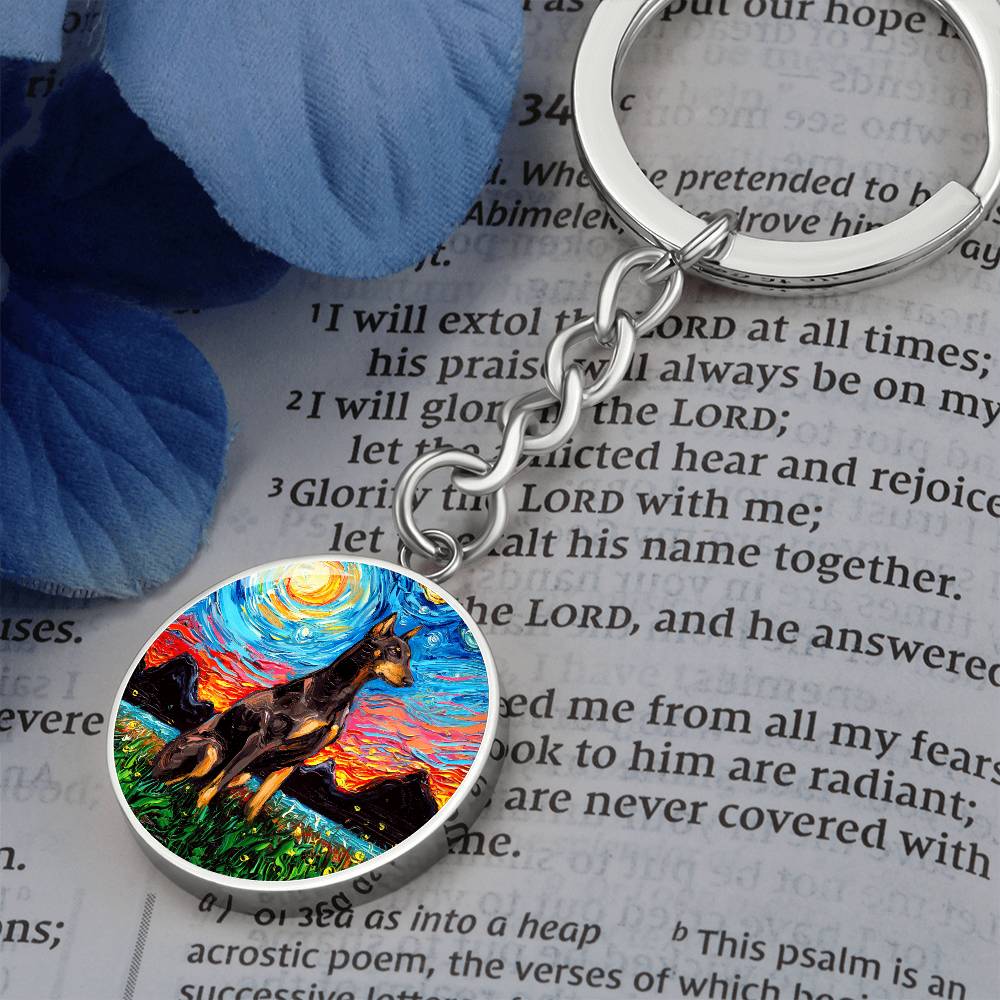 Red Doberman Starry Night Round Keychain