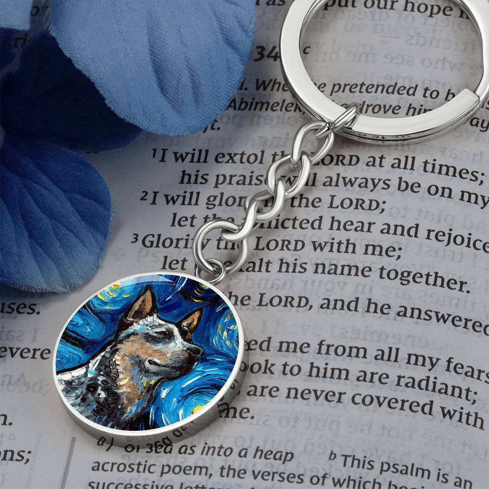 Blue Heeler Portrait Starry Night Round Keychain