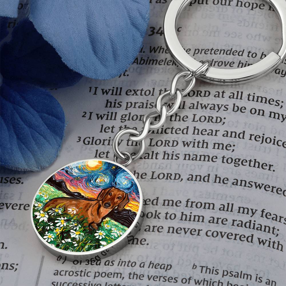 Brown Dachshund and Flowers Round Keychain