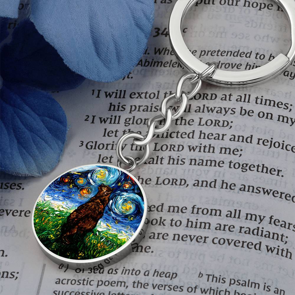 Tortoiseshell Cat Starry Night Round Keychain