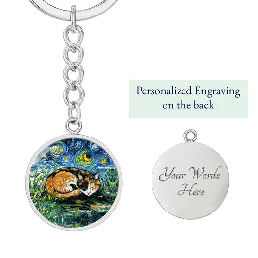 Sleeping Calico Cat Starry Night Round Keychain