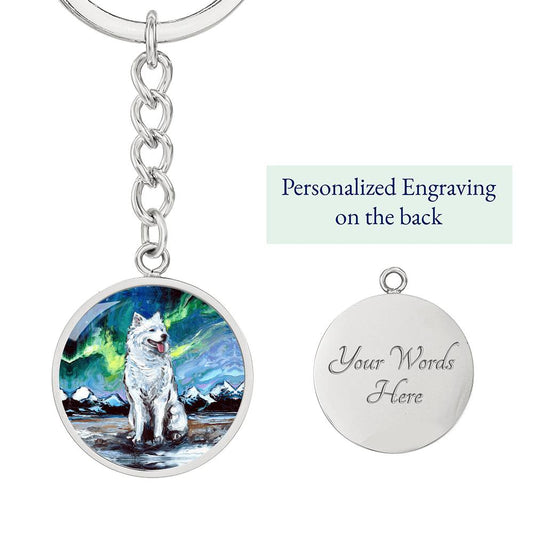 Samoyed and Northern Lights Round Keychain