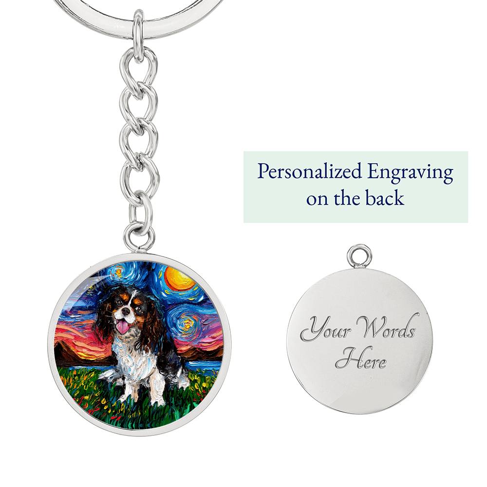 Tri Color Cavalier King Charles Spaniel Starry Night Round Keychain