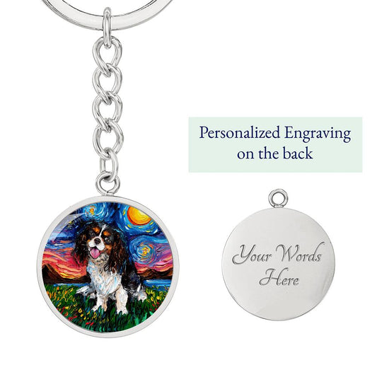 Tri Color Cavalier King Charles Spaniel Starry Night Round Keychain