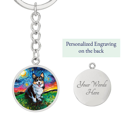 Tri Color  Corgi Starry Night Round Keychain