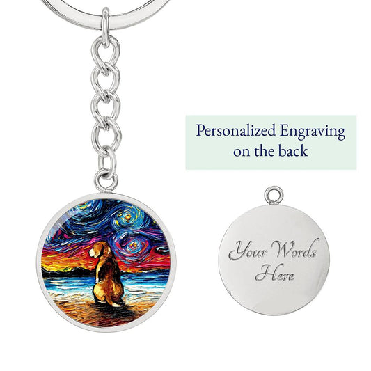 Beagle at the Beach Starry Night Round Keychain