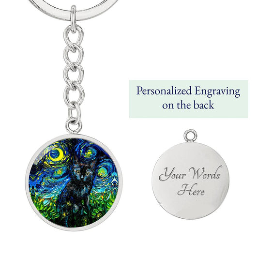 Black Cat Starry Night Round Keychain