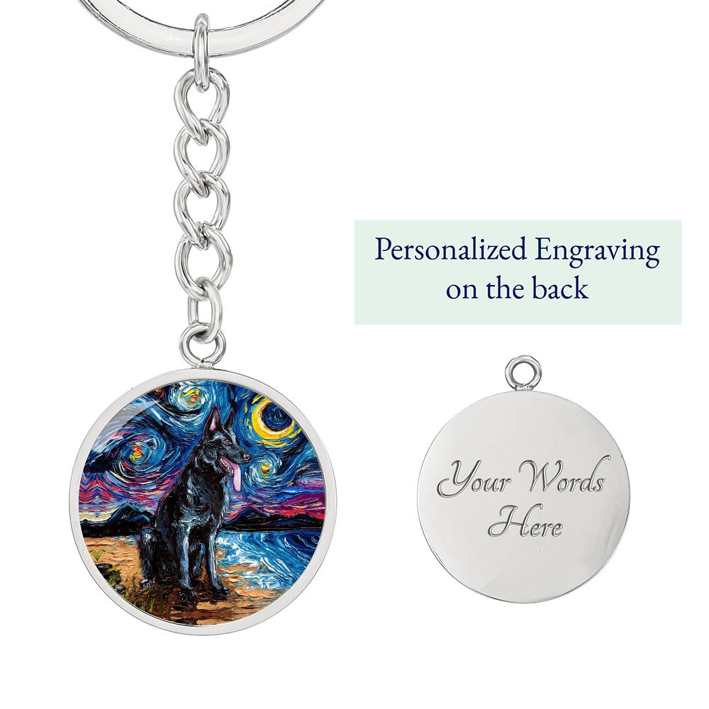Black German Shepherd Starry Night Round Keychain