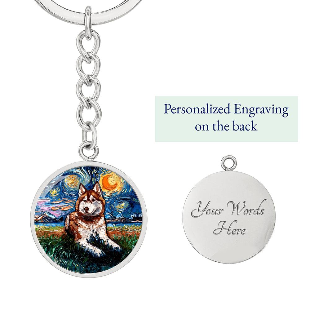 Red Husky Starry Night Round Keychain