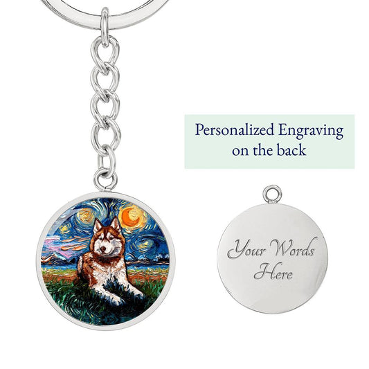 Red Husky Starry Night Round Keychain