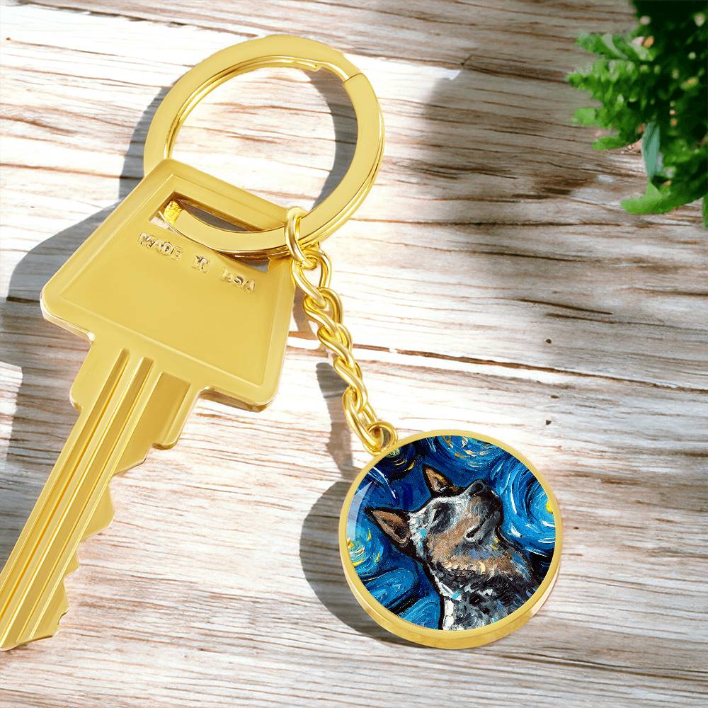 Blue Heeler Portrait Starry Night Round Keychain