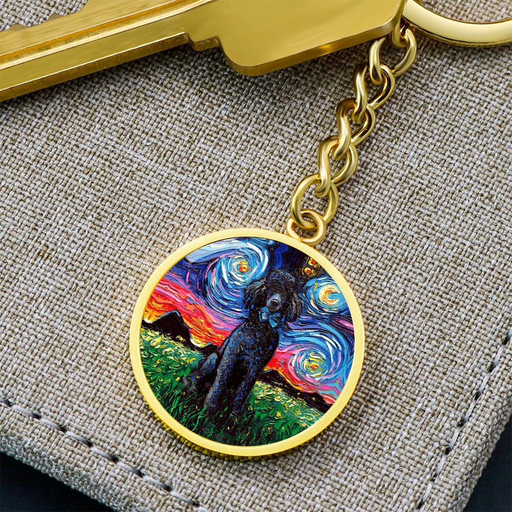 Black Poodle Starry Night Round Keychain