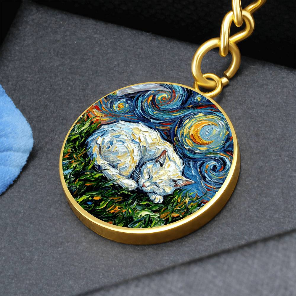 Sleepy White Cat Night Round Keychain