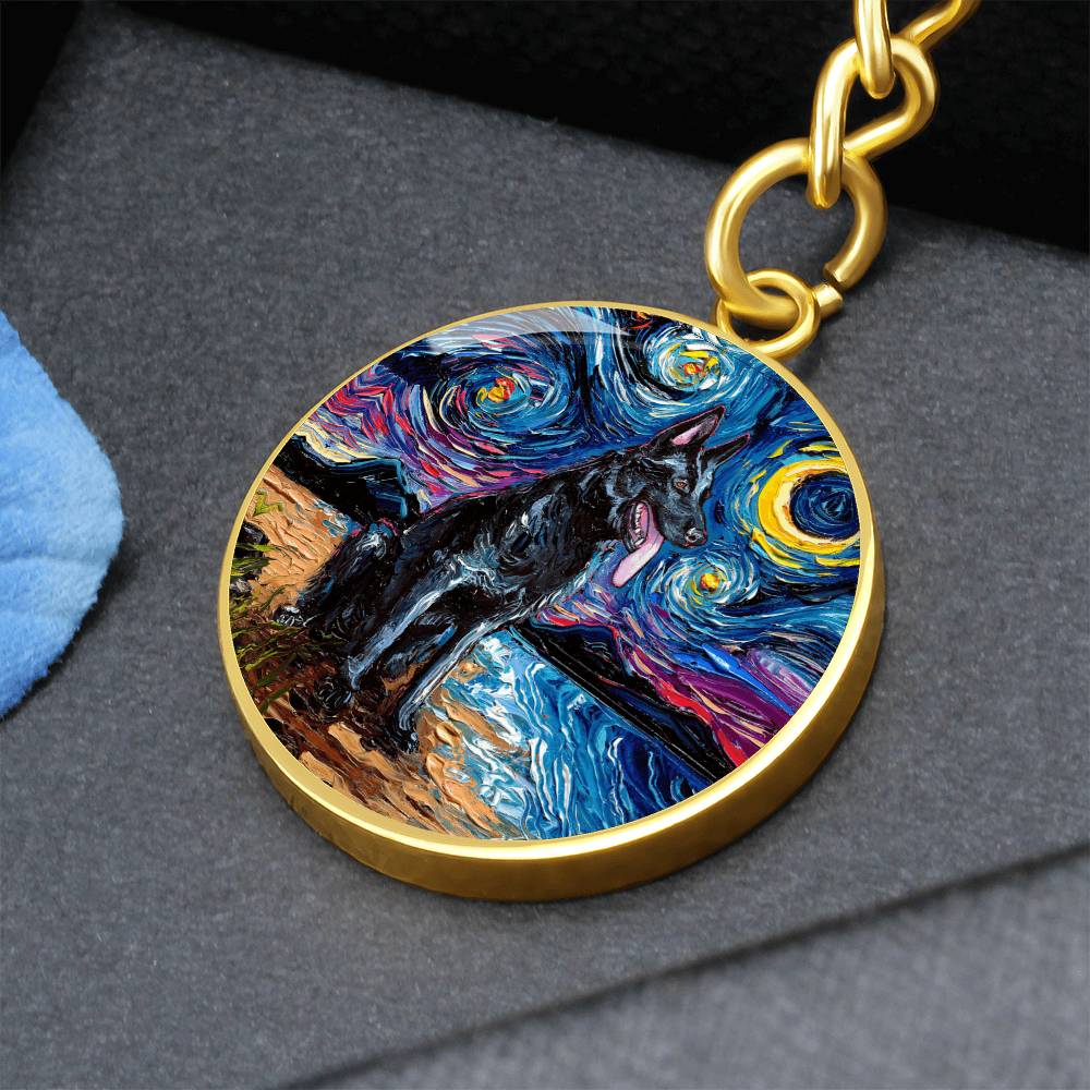 Black German Shepherd Starry Night Round Keychain