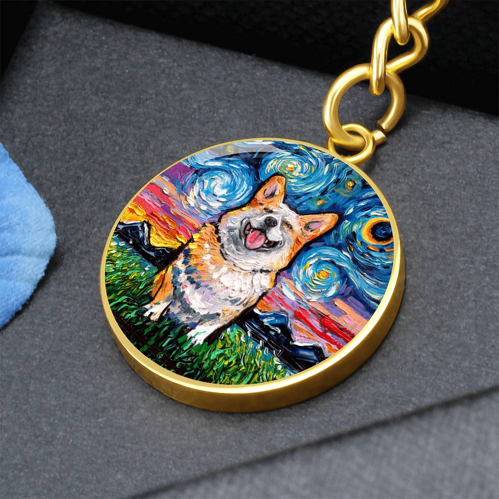 Smiling Corgi Starry Night Round Keychain