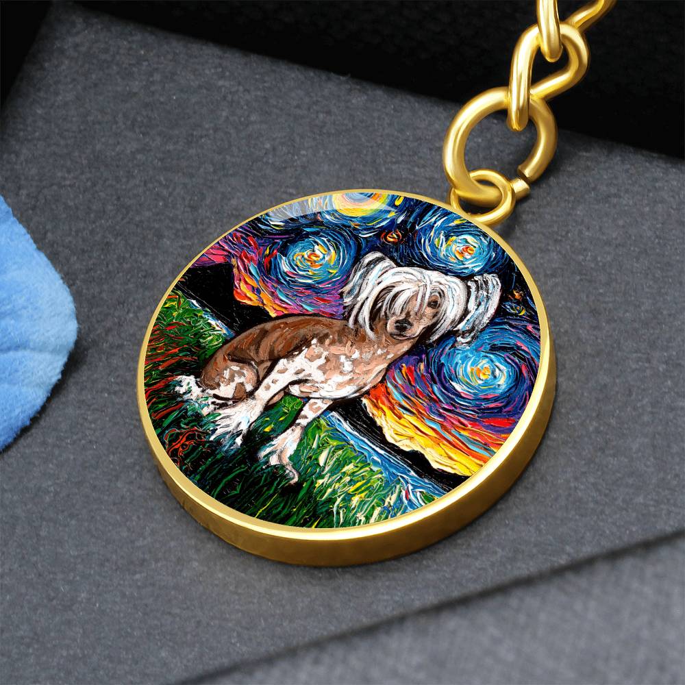 Chinese Crested Starry Night Round Keychain
