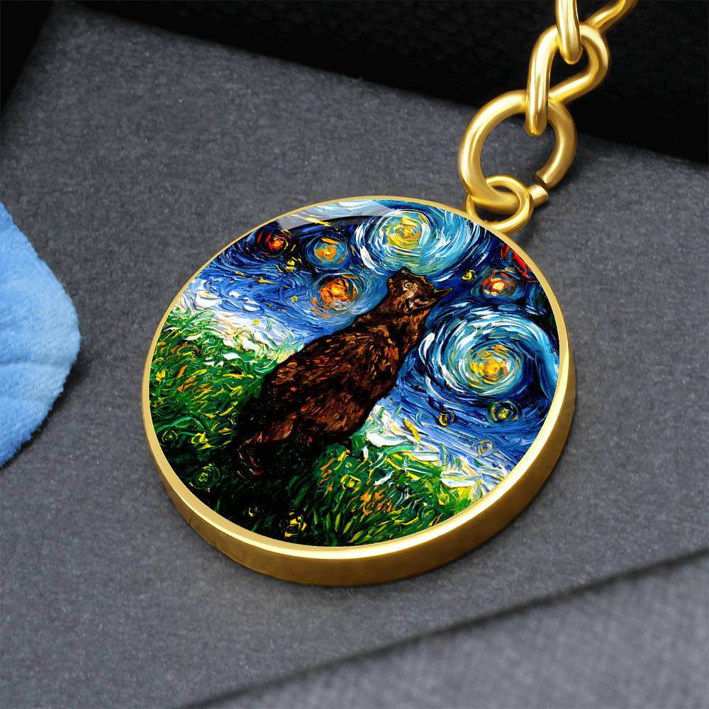Tortoiseshell Cat Starry Night Round Keychain