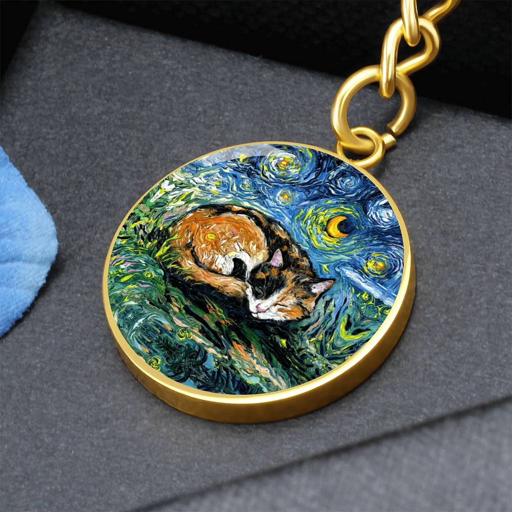 Sleeping Calico Cat Starry Night Round Keychain