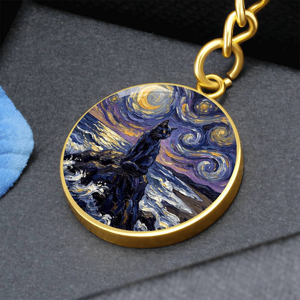 Beach Night - Black Cat Round Keychain