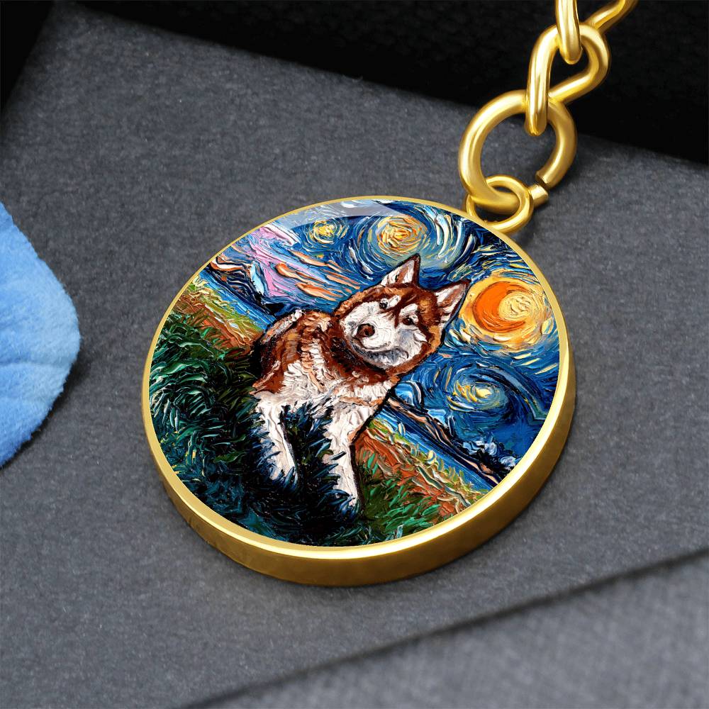 Red Husky Starry Night Round Keychain