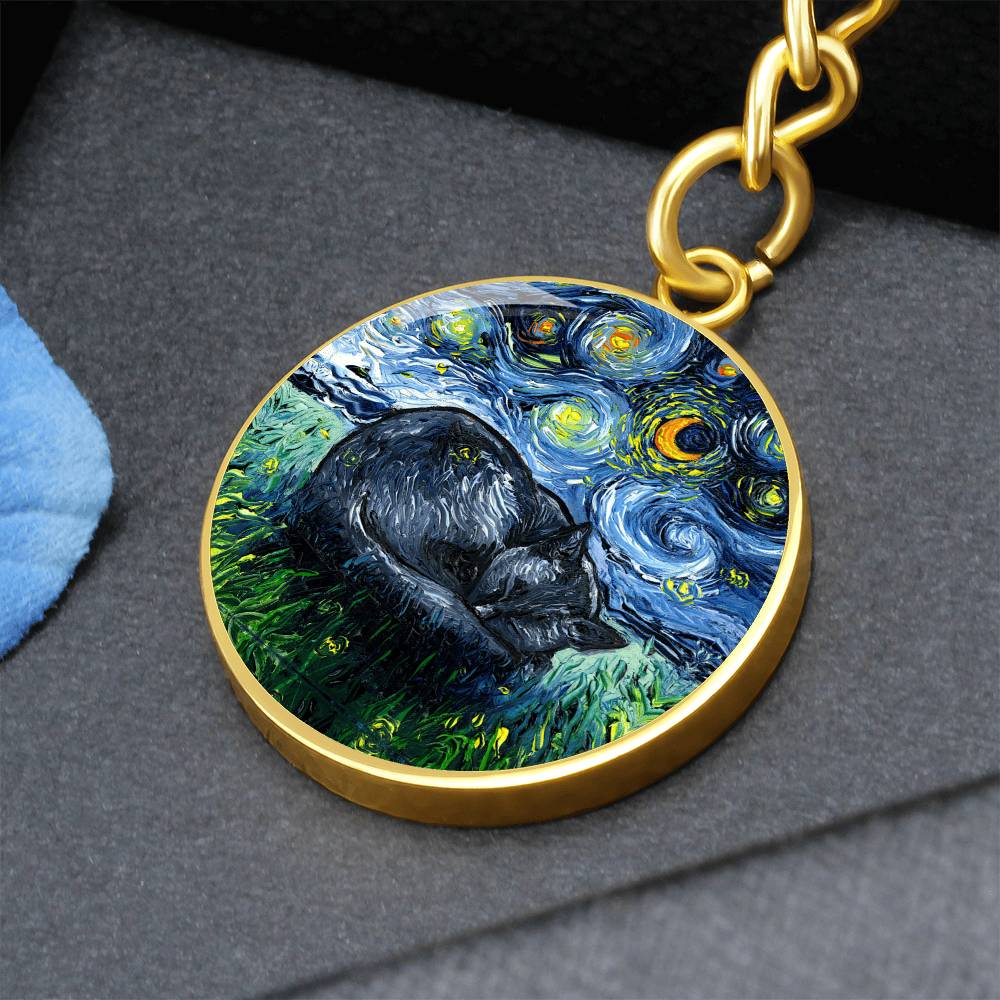 Sleeping Black Cat Starry Night Round Keychain