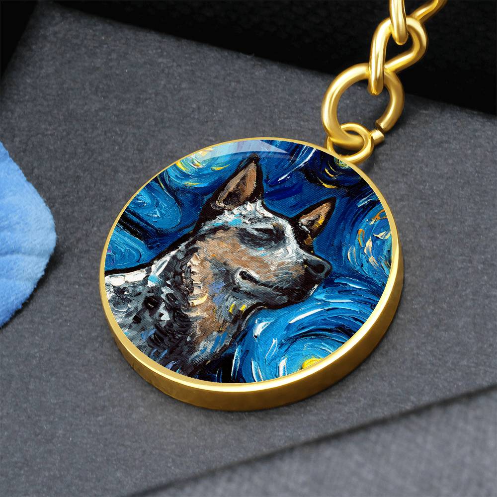 Blue Heeler Portrait Starry Night Round Keychain