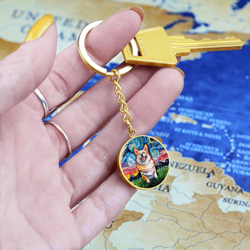 Smiling Corgi Starry Night Round Keychain