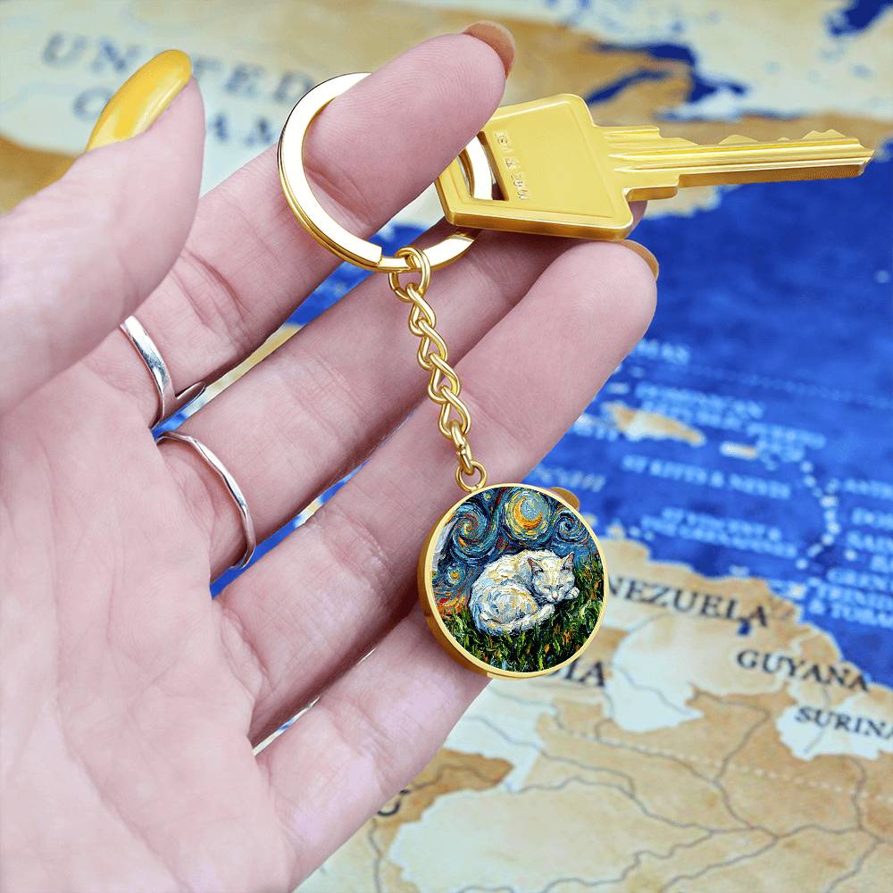 Sleepy White Cat Night Round Keychain