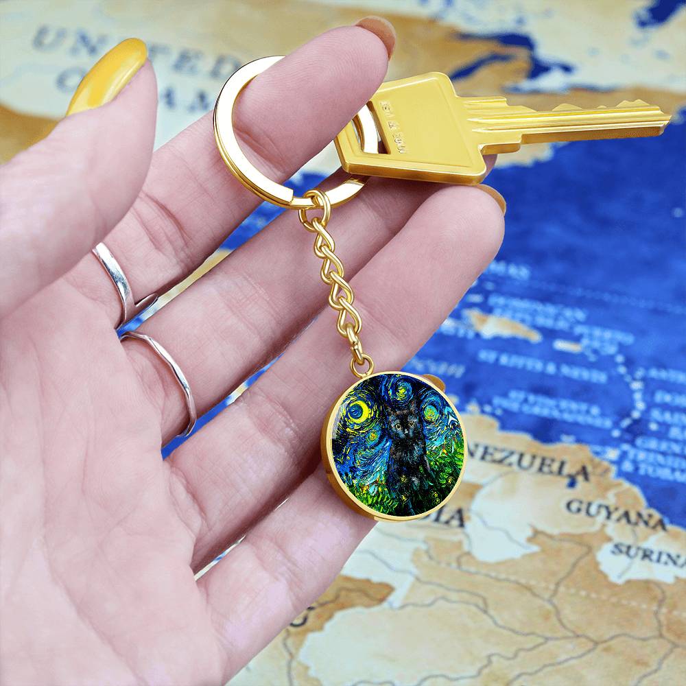 Black Cat Starry Night Round Keychain