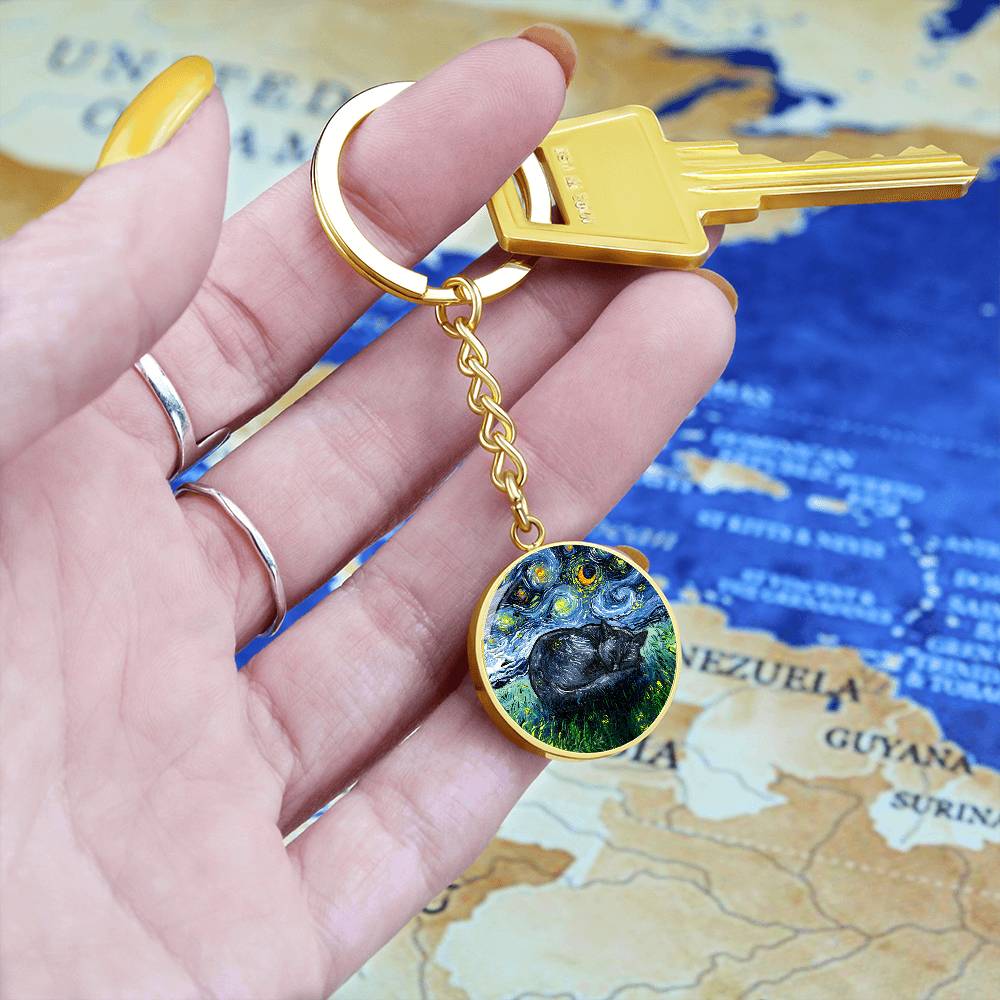 Sleeping Black Cat Starry Night Round Keychain